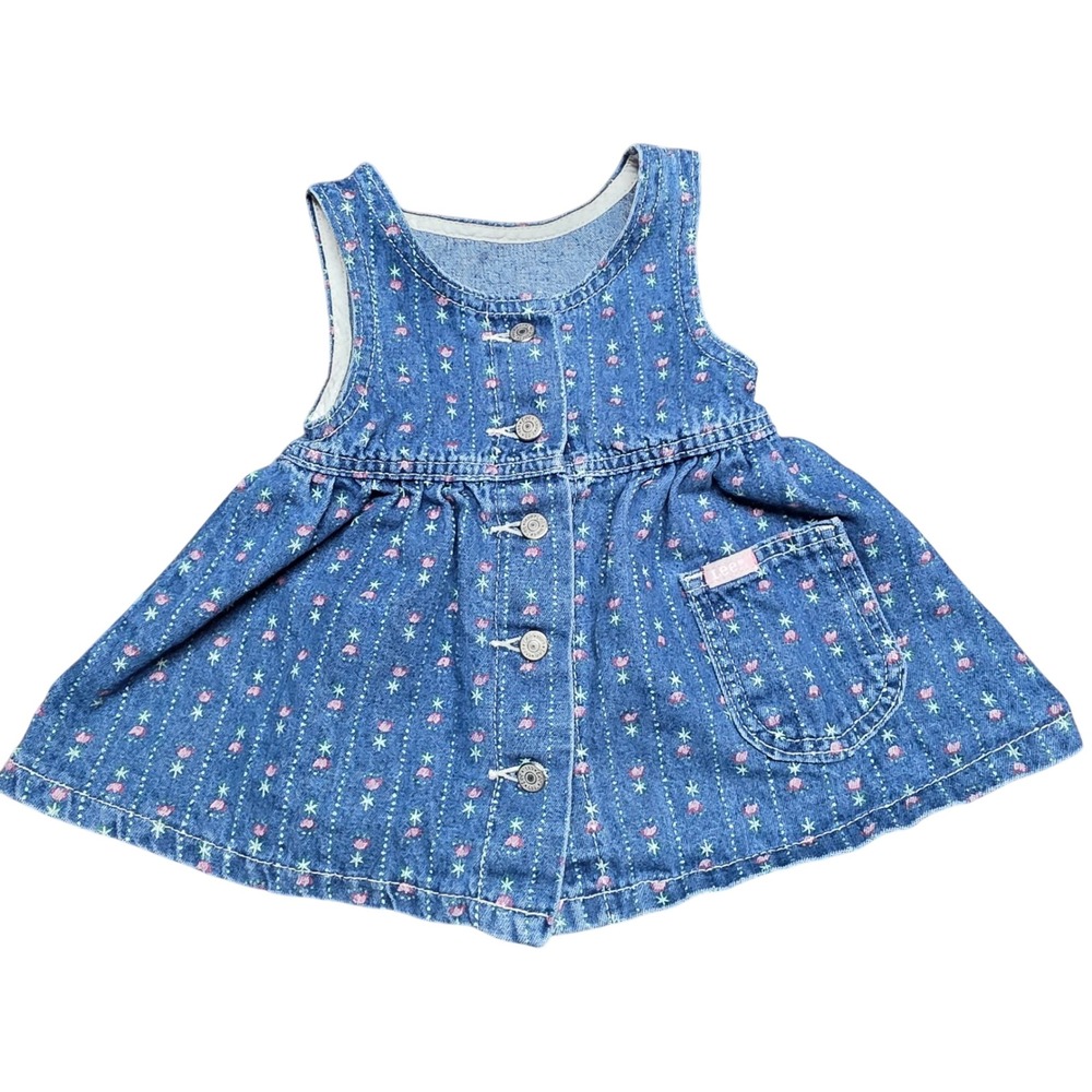 Vintage 90s Lee Blue Floral Denim Button Front Jumper Dress Sleeveless Mini